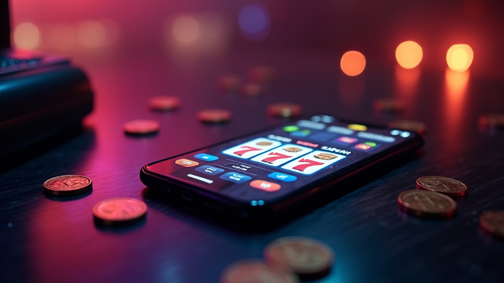 Celular com interface de cassino móvel e luzes de neon ao fundo