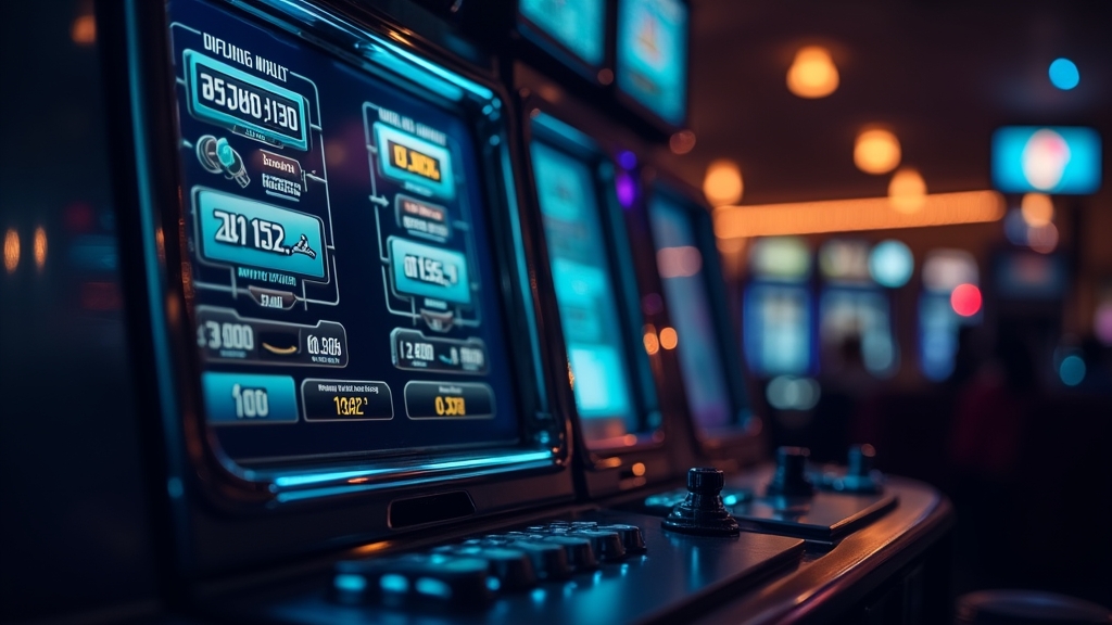 Ecrã de levantamento com relógio e calendário ao lado de uma slot em ambiente de casino